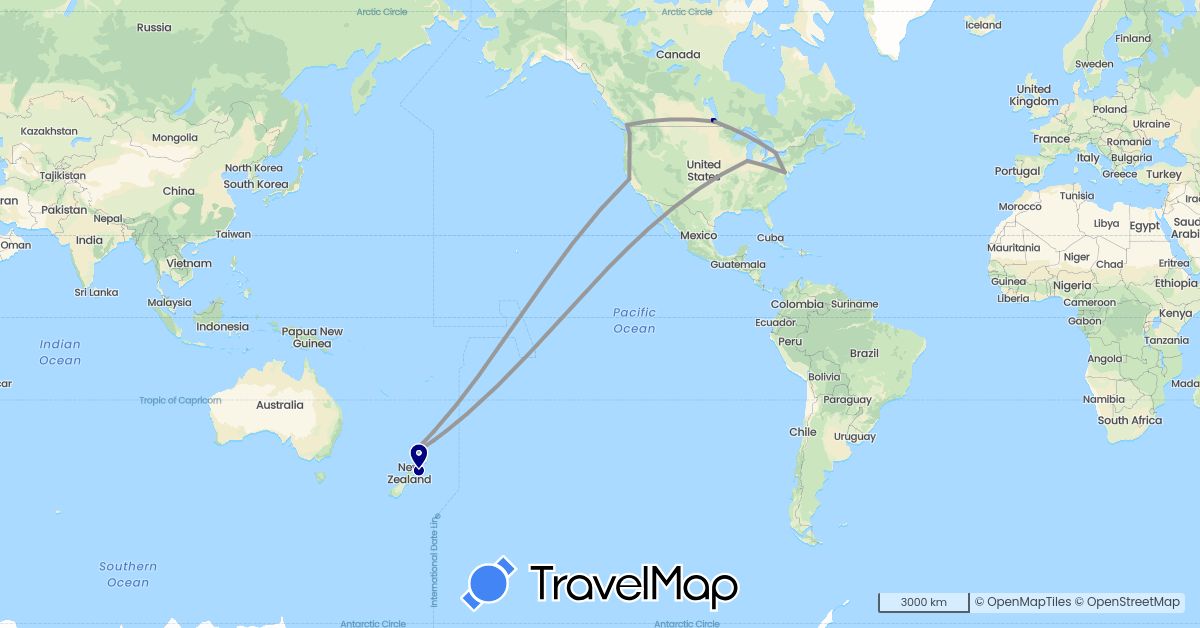 TravelMap itinerary: driving, plane in Canada, New Zealand, United States (North America, Oceania)